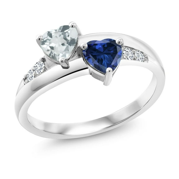 Gem Stone King 925 Sterling Silver Sky Blue Aquamarine and Blue Created Sapphire and Lab Grown Diamond Ring for Women | 1.07 Cttw | 5MM Heart (Size 9)
