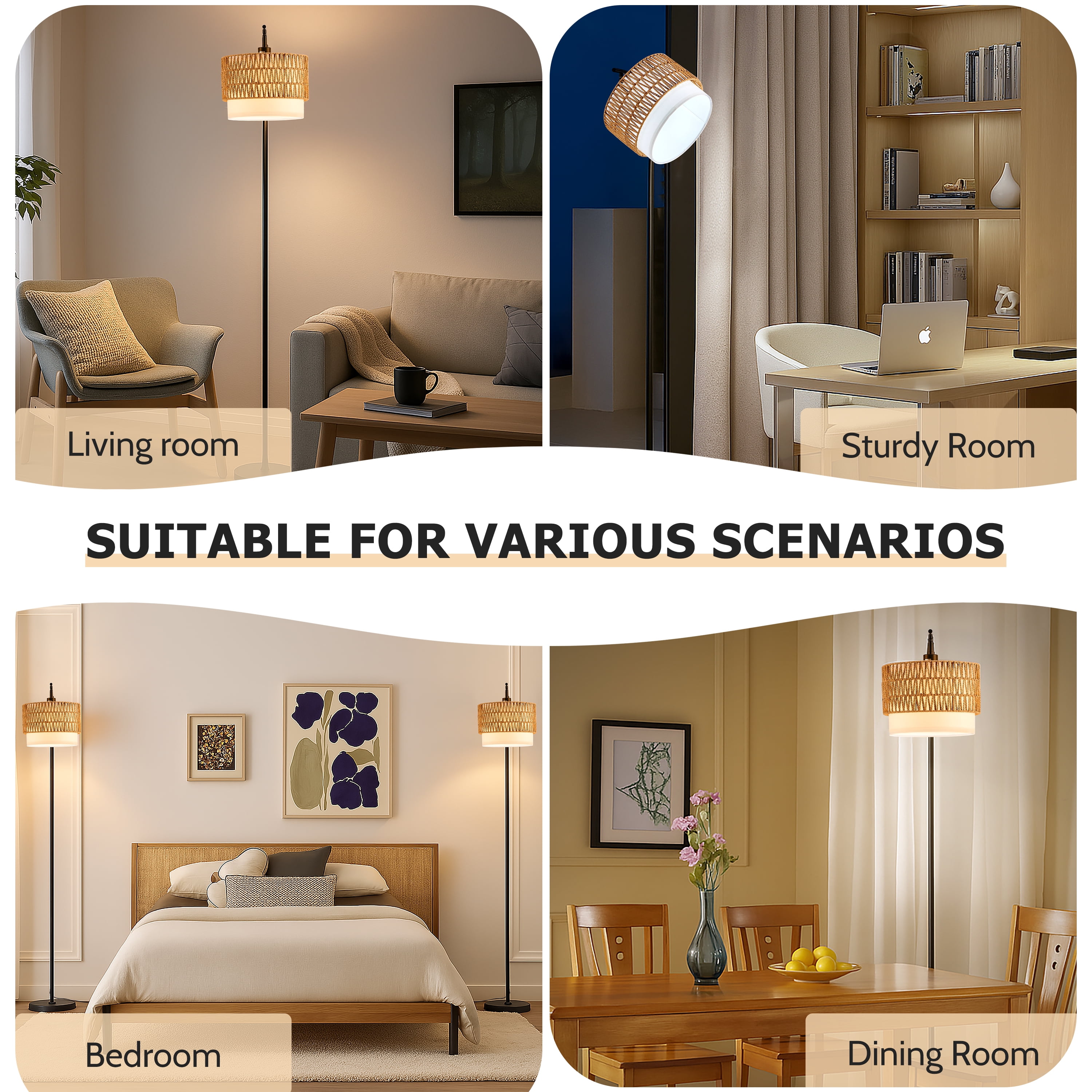 Coliware Rattan Floor Lamp for Living Room, Standing Lamp with Double Drum Shade, Dimmable Farmhouse Floor Lamp for Bedroom, 3 Color Temperatures Bulb Included