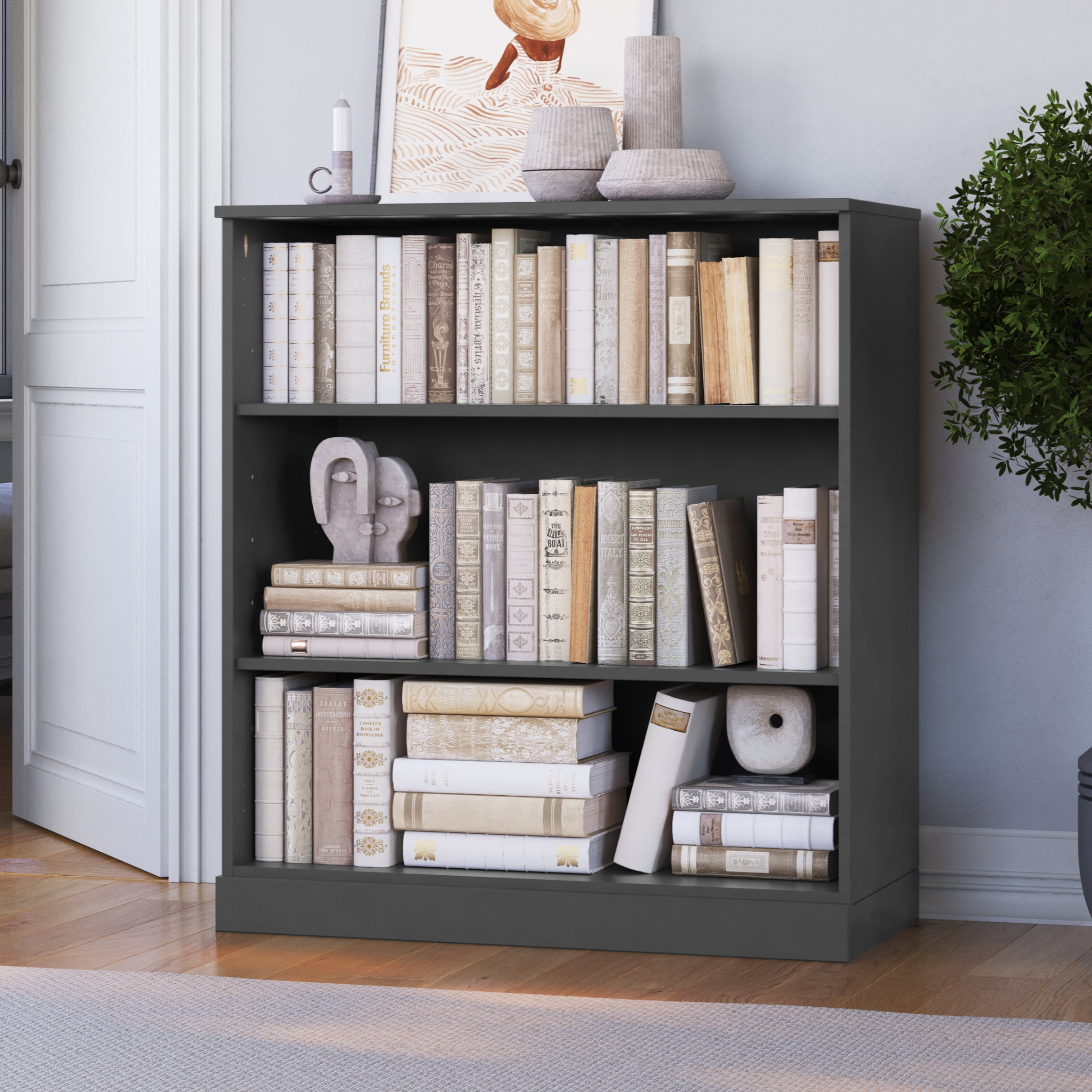 Palace Imports 100% Solid Wood 3-shelf Bookcase with Adjustable Shelves, Gray