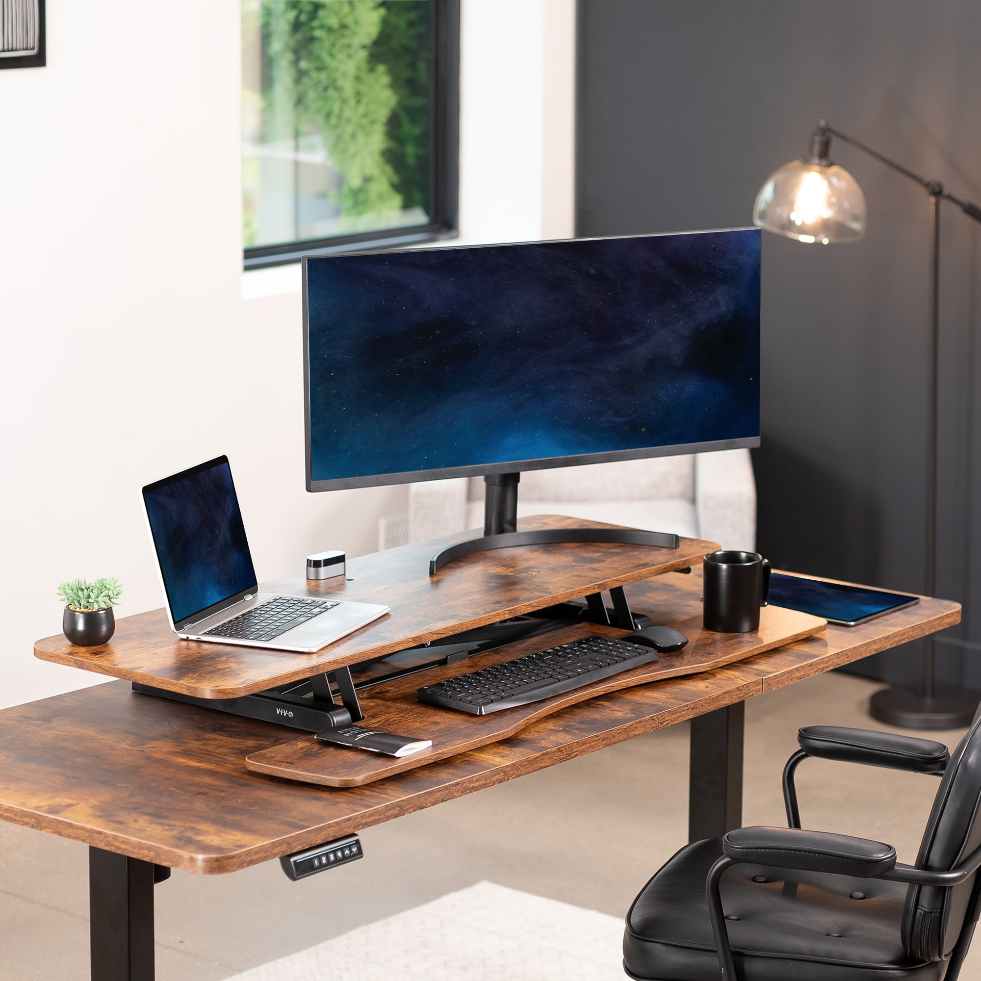 VIVO Vintage Brown / Black Height Adjustable 48" Standing Desk Monitor Riser