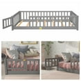 thumbnail image 3 of Twin Size Floor Bed, Solid Pine Wood Platform Bed Frame with Fence Guardrails & Door & Slats System, Multifunctional Floor Playpen Bed, Gray, 3 of 8