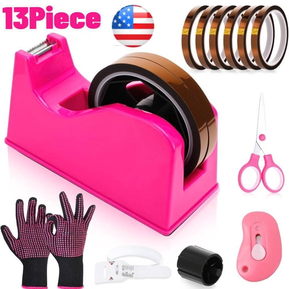 13 Pcs Heat Tape Dispenser Set, 6 Heat Tape for Sublimation Press Gloves Resistant with Silicone Bumps Nonskid Weighted Base Holder(Rose Red)