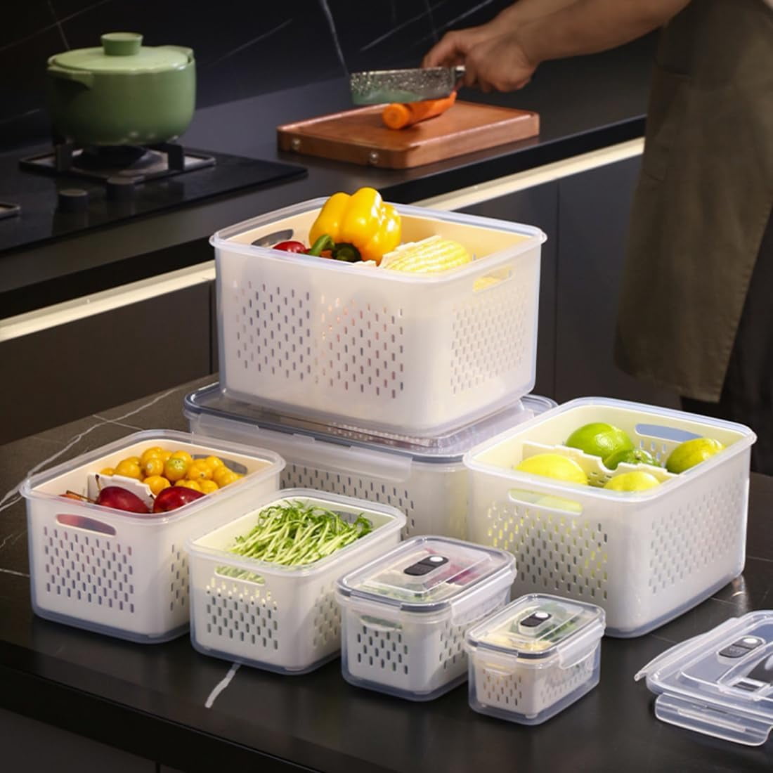 Fruit Storage Containers for Fridge – Built-in Colander and Leakproof Lid, Stackable Produce Keeper Set for Meal Prep, Fridge Organization, Home Use
