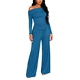 thumbnail image 4 of Women's 2 Piece Set, Off Shoulder Long Sleeve Top and Wide Leg Pants, Matching Lounge Sets for Women, Ruching Detail Loose Outfit for Casual Wear, Daily Outfits and Relaxation-Blue, 4 of 8