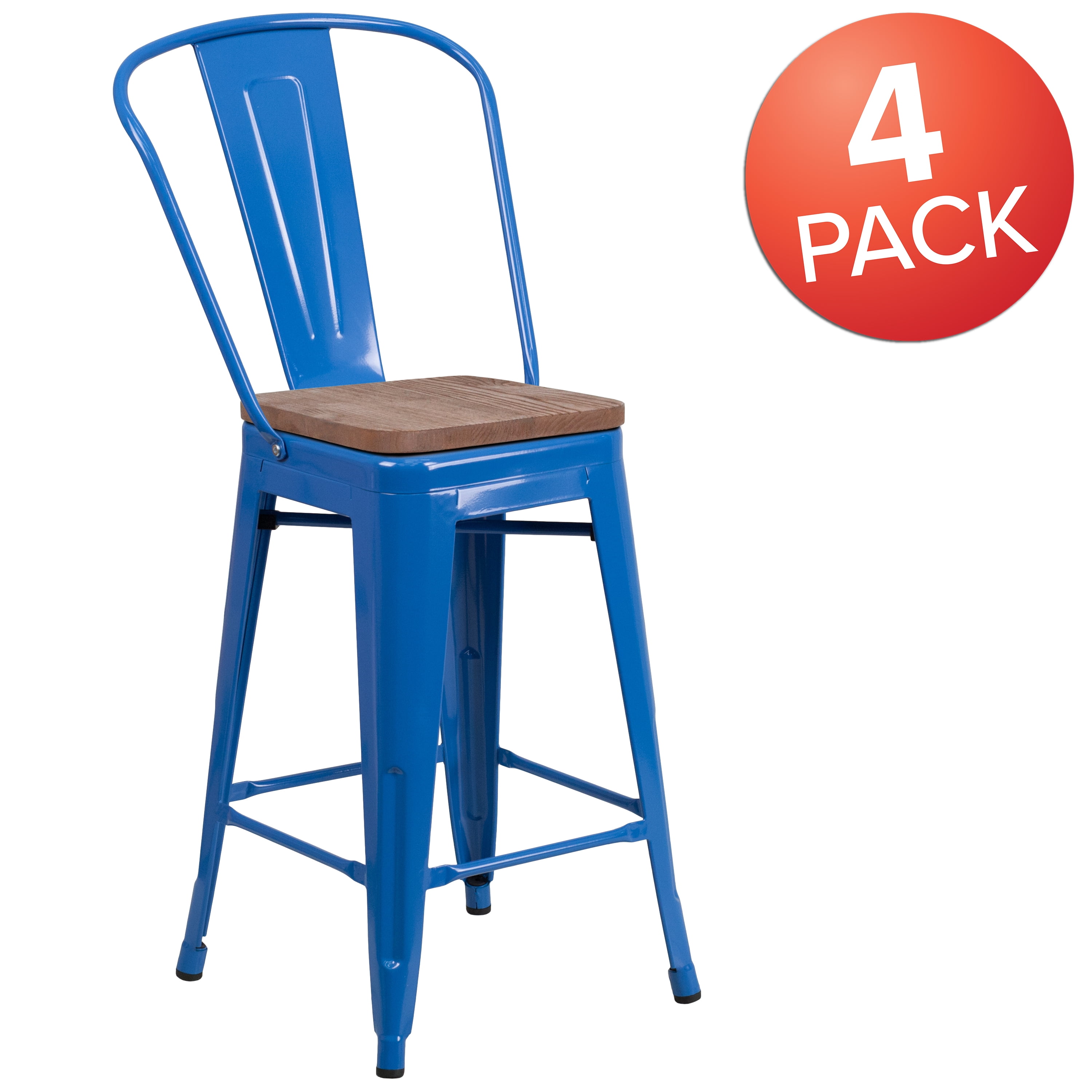 Flash Furniture 4 Pk. 24" High Blue Metal Counter Height Stool with Back and Wood Seat