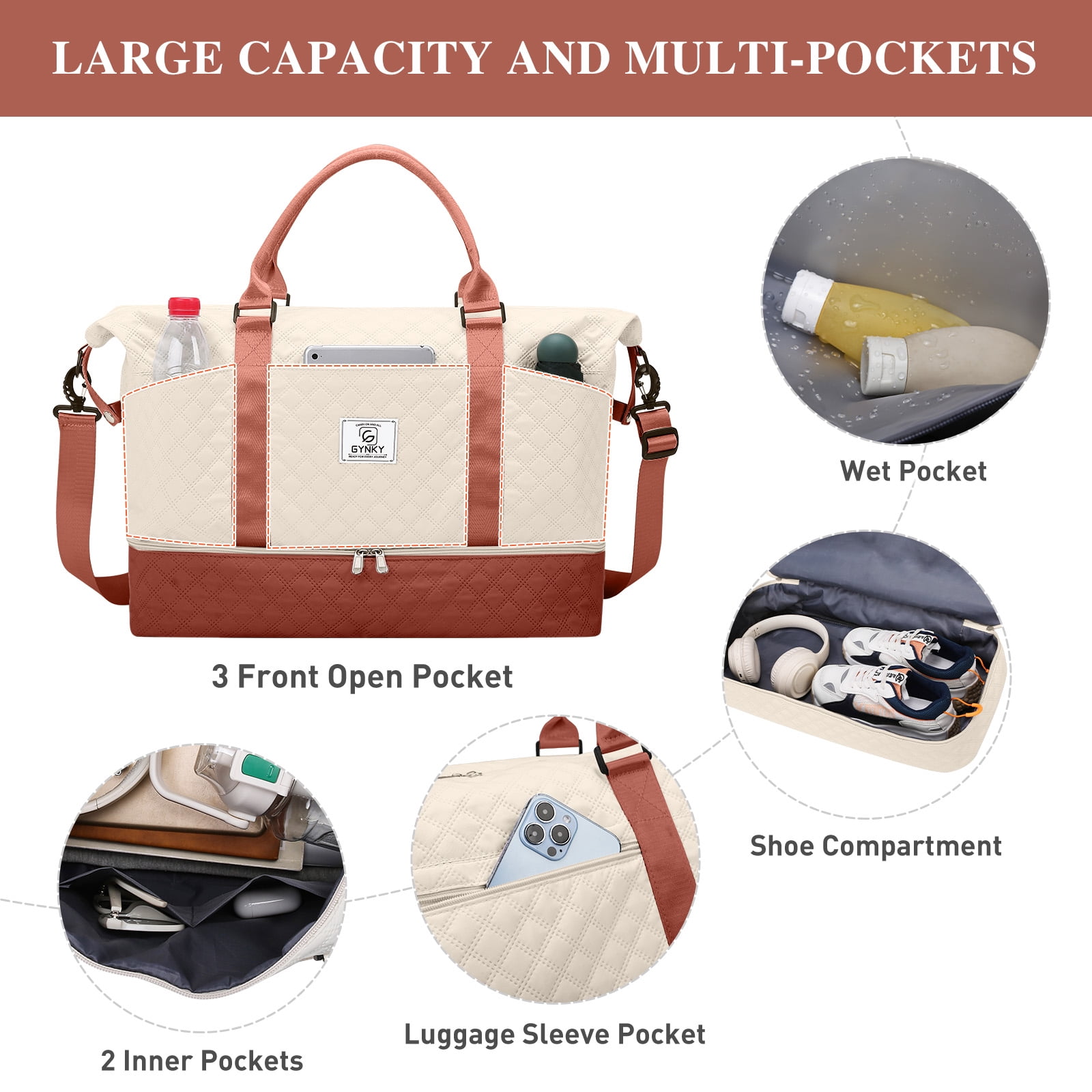 Gynky Travel Duffle Bag Weekender Bags for Women with Shoe Compartment Carry on Overnight Bag Gym Duffel Bag with Wet Pocket Hospital Bags for Labor and Delivery