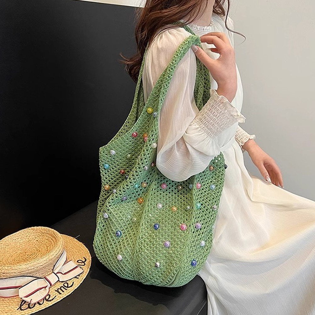 Jiibva Crochet Beach Bags Woven Travel Tote Boho Shoulder Bag Hollow Knitting Handbag Mesh Shoulder Bag Women Knitted Handbags for Holiday, Daily Work
