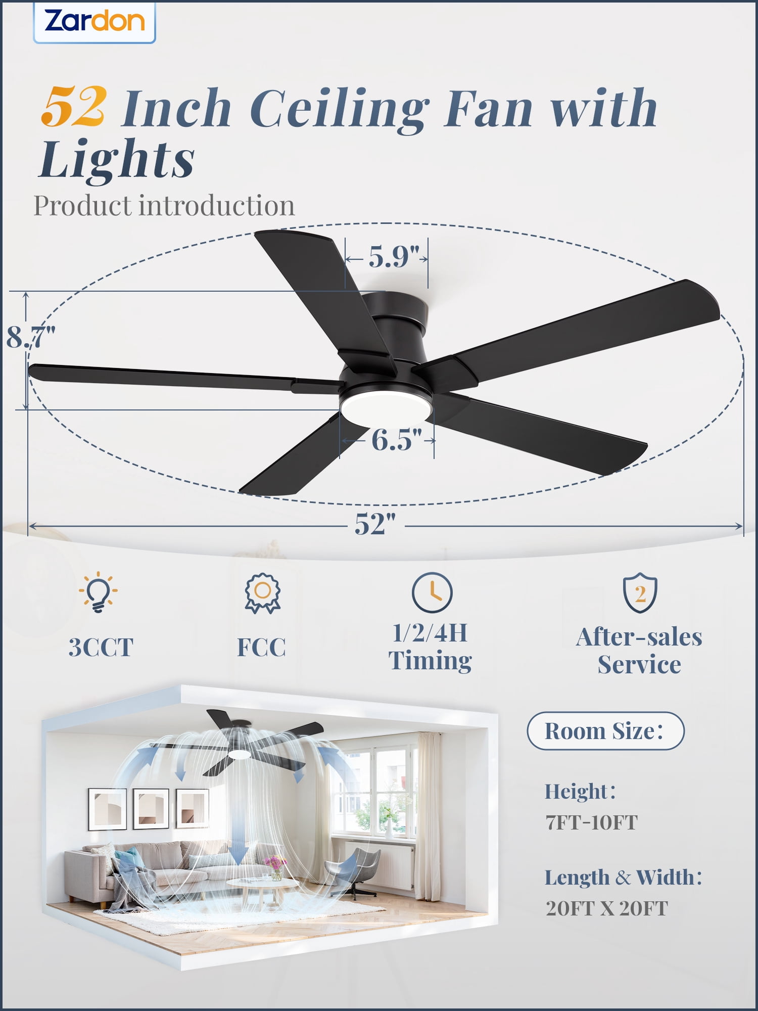 Zardon Ceiling Fans with Lights and Remote, 52in Low Profile Flush Mount Ceiling Fan with 6 Reversible Speeds for Bedroom Indoor, Black