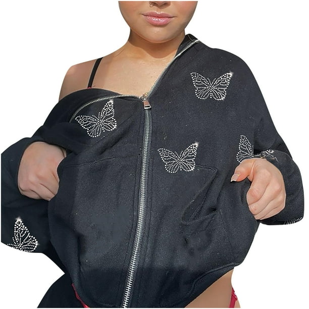 Chaqueta suelta de manga larga negra con capucha y cremallera para perforación en caliente para mujer Fridja ghj987+2267