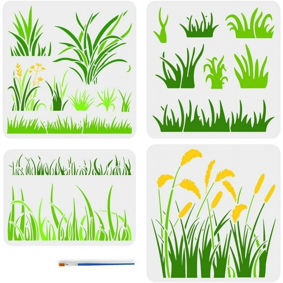 4 PCS Grass Painting Stencil with 1 Pc Plastic Paint Brush Reusable 4 Styles Reusable Grass Drawing Template Plants Theme Grasses Pattern Stencil for Painting on Wall Wood Furniture