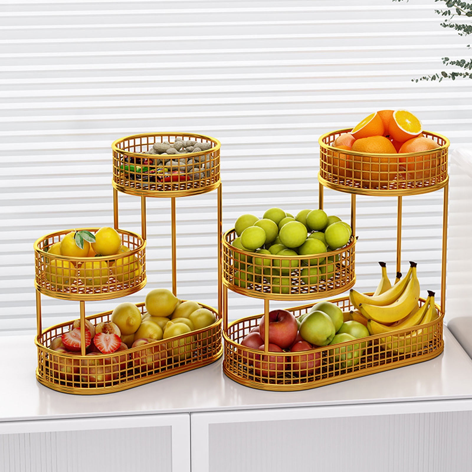 3 Tier Fruit Basket Countertop Round Artistical Fruit Basket Bowl For Kitchen Counter Compact Metal Mesh Basket Fruits & Vegetables Stand(Gold L)