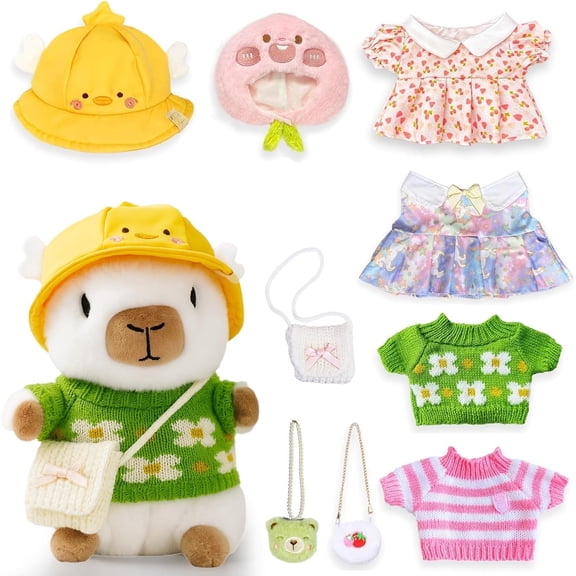 10.2 inch White Capybara Plush Toy with 9 Pcs Clothing & Fashion Set - Mix & Match Dress Up Kit, Super Soft Stuffed Animal for Kids Girls Boys