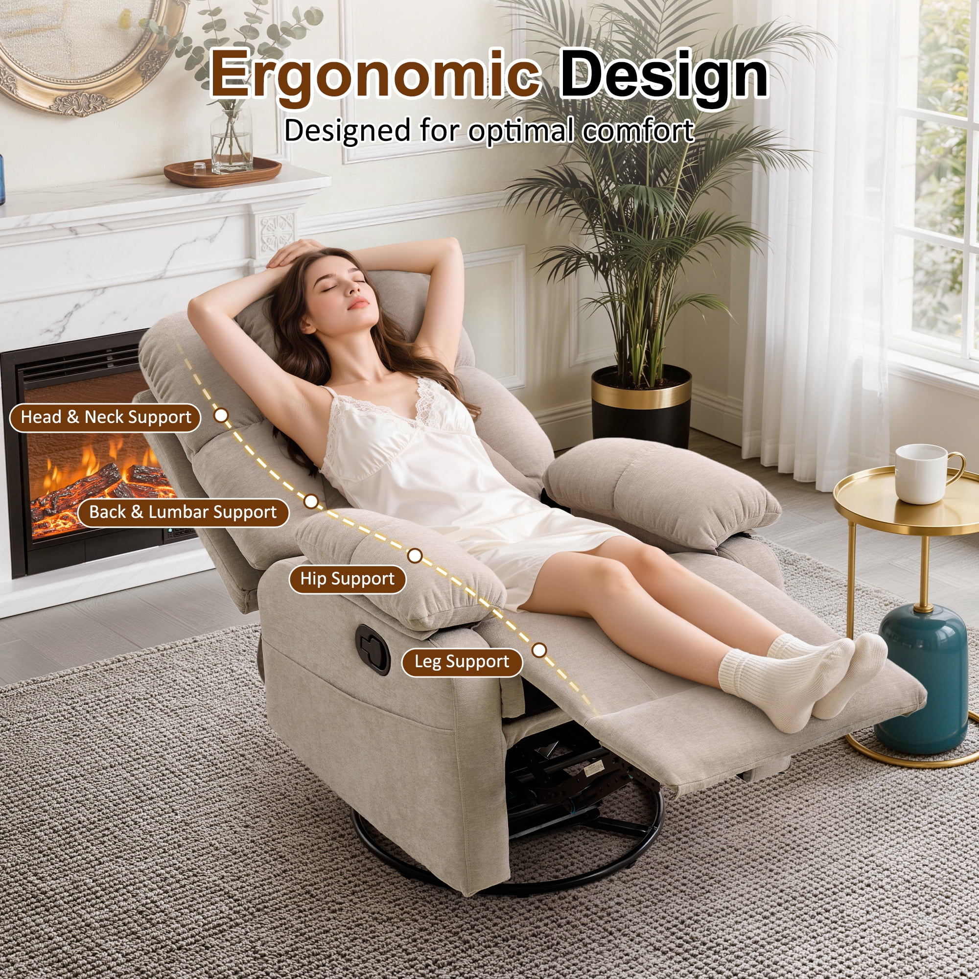 GEEYOO Swivel Rocker Recliner Chair for Adults,360°Swivel Nursery Recliner with Side Pockets,Small Recliner Chair for Small Spaces for Living Room,Linen,Khaki