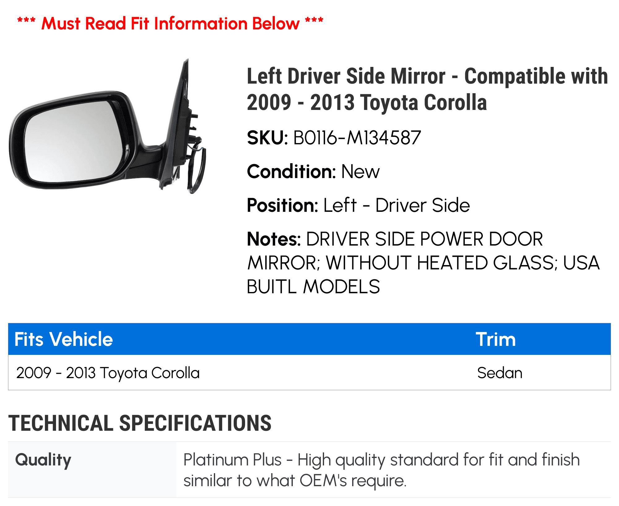 Left Driver Side Mirror - Compatible with 2009 - 2013 Toyota Corolla 2010 2011 2012