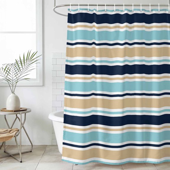 Khaki Striped Shower Curtain Set, Waterproof Shower Curtains for Bathroom, Navy Blue Farmhouse Stripes Modern Abstract Art Washable Fabric Bath Curtain for Bathtub Decoration with Hooks 60x72 Inches