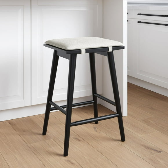 Nathan James Barker Counter Height Solid Wood Barstool with Upholstered Cushion Backless Island Stool with Rubberwood Legs and Natural Textured Linen Upholstery for Kitchen Black/Cream Boucle