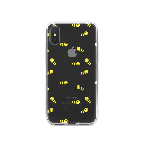 DistinctInk Clear Shockproof Hybrid Case for iPhone XS Max (6.5" Screen) - TPU Bumper, Acrylic Back, Tempered Glass Screen Protector - Repeating Bumble bees
