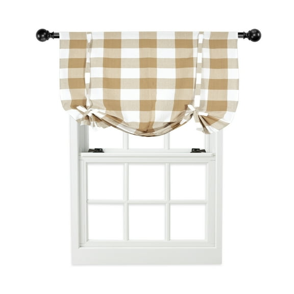 Oversize Plaid Gingham Check Tie Up Window Curtain Shade - Mocha/Taupe
