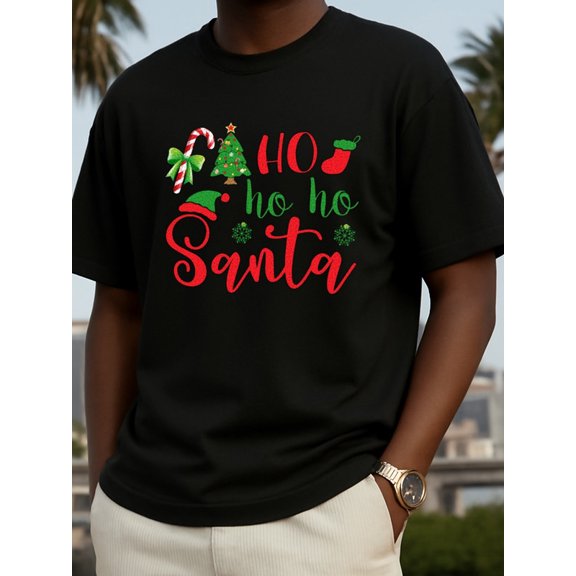 Christmas Ho Ho Ho Christmas print plain men's 180G 100% Cotton black Comfortable loose and fashionable T-shirt, spring and summer men's clothing Daily and weekend wear Weekend casual wear glitter b