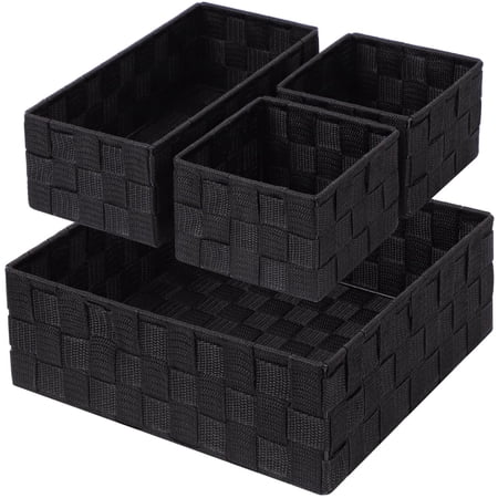 Posprica Woven Storage Box Cube Basket Bin Container Tote Organizer Divider for Drawer,Closet,Shelf, Dresser,Set of 4 (Black)