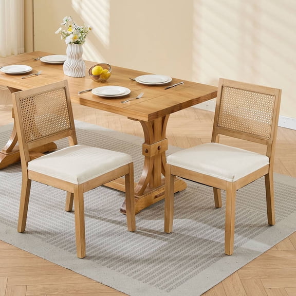 S-HOME Mid Century Modern Farmhouse Rattan Dining Chairs Set of 2 with Cane Upholstered Seats Natural Hardwood Frame