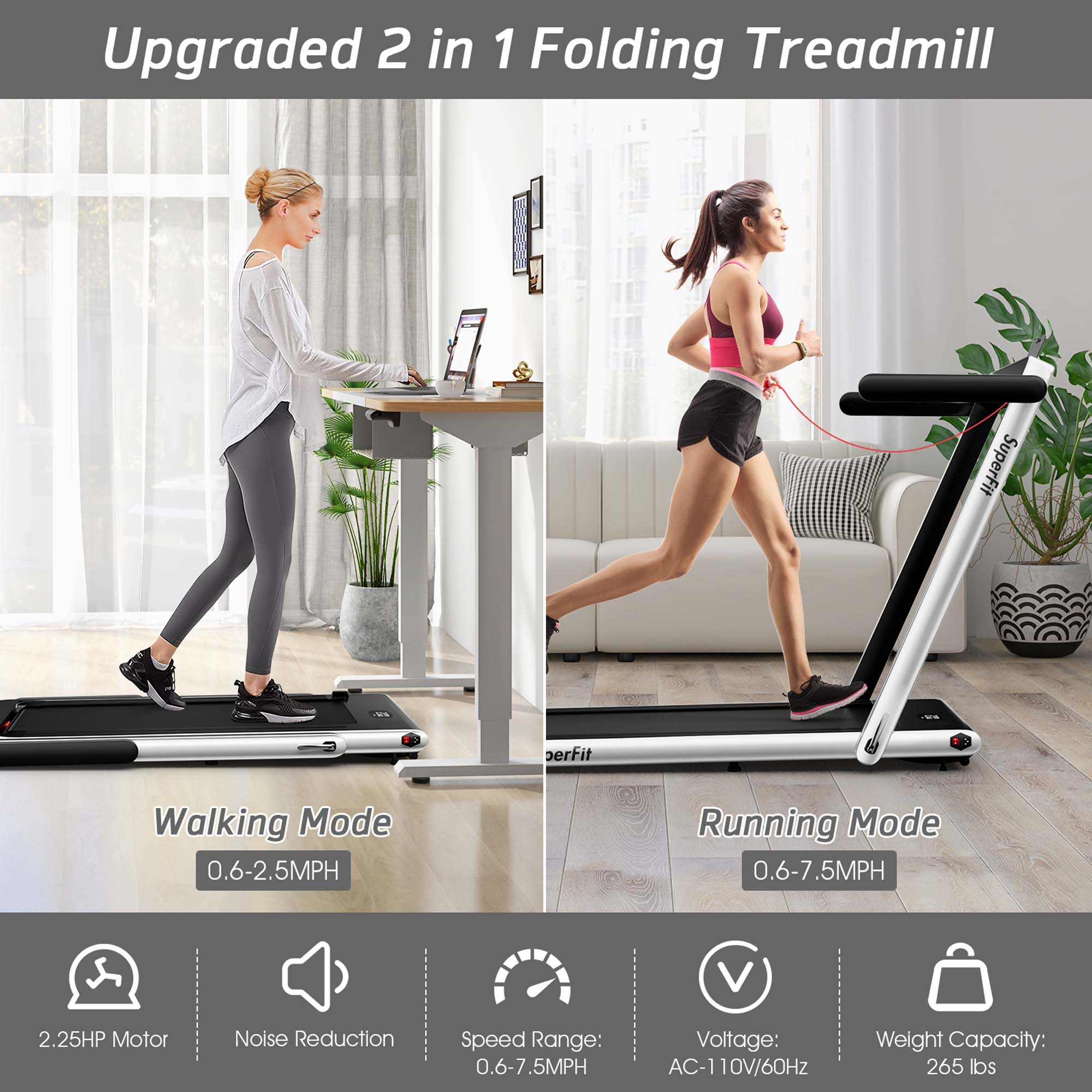 SuperFit Up To 7.5MPH 2.25HP 2 in 1 Dual Display Screen Folding Treadmill Jogging Machine W/APP Control Silver - image 4 of 10