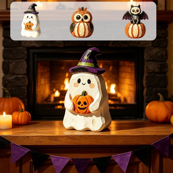 Aoznliie Halloween Table Decor, Cute Hand Carved Wooden Ghost Ornament, 5.9 inch Tabletop Centerpiece for Halloween Decorations Indoor, Multicolor