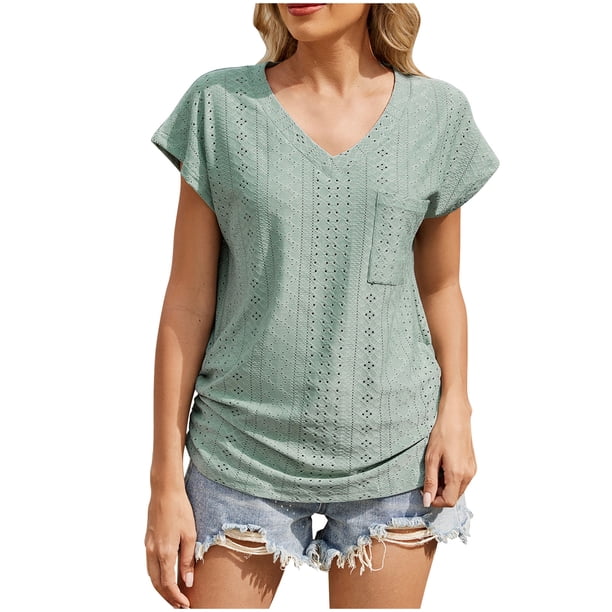 Blusa de Manga Corta, Color Sólido Casual, Camiseta de Bolsillo con Cuello en V para las Mujeres