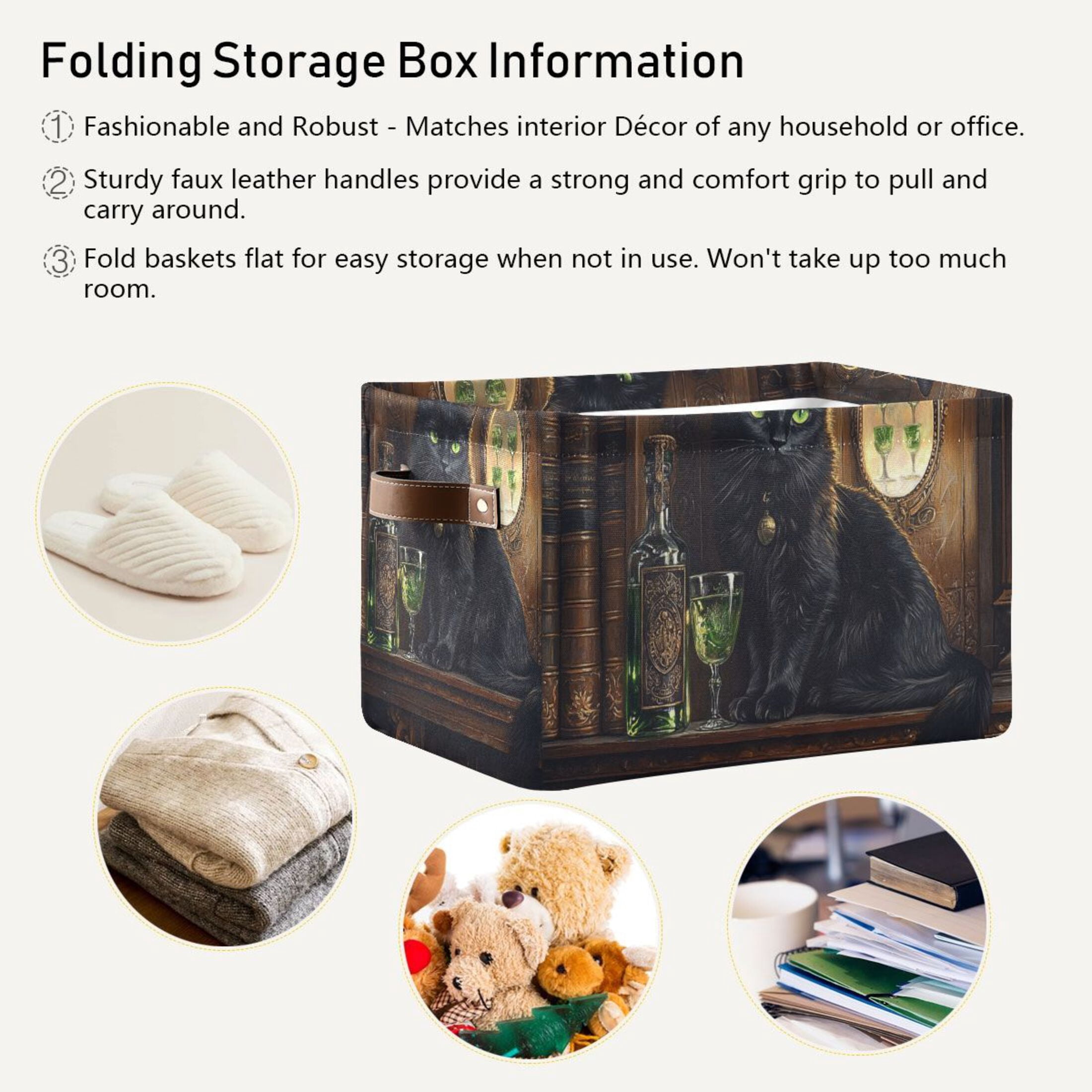 WOBOGO Black Cat with Absinthe Square Storage Basket with Waterproof Canvas and PE Lining Durable PU Leather Handles 14.2×10.2×8.3in
