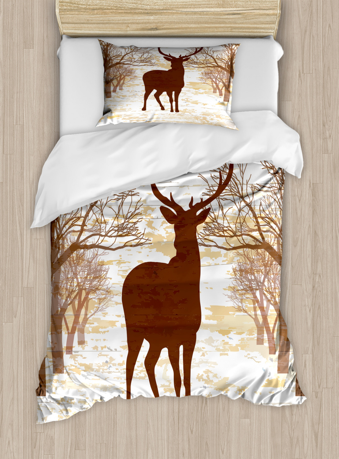 Deer Hunting Duvet Cover Set Twin Size, Vintage Reindeer in Forest