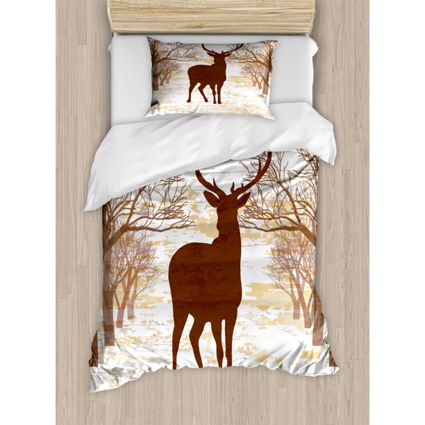 Deer Hunting Duvet Cover Set Twin Size, Vintage Reindeer in Forest