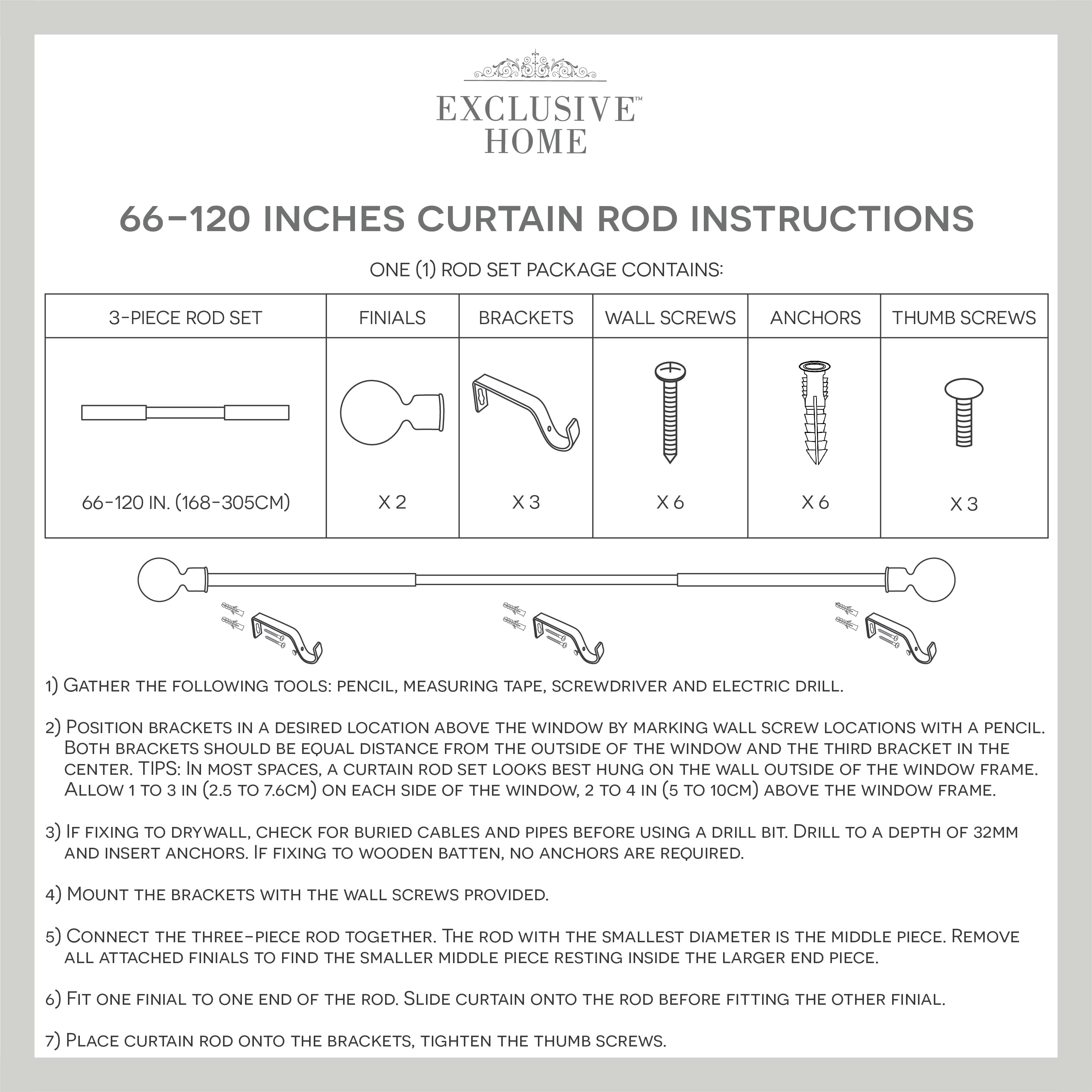 Exclusive Home Rimini 1" Window Curtain Rod and Finial Set, Black, Adjustable 66"-120"