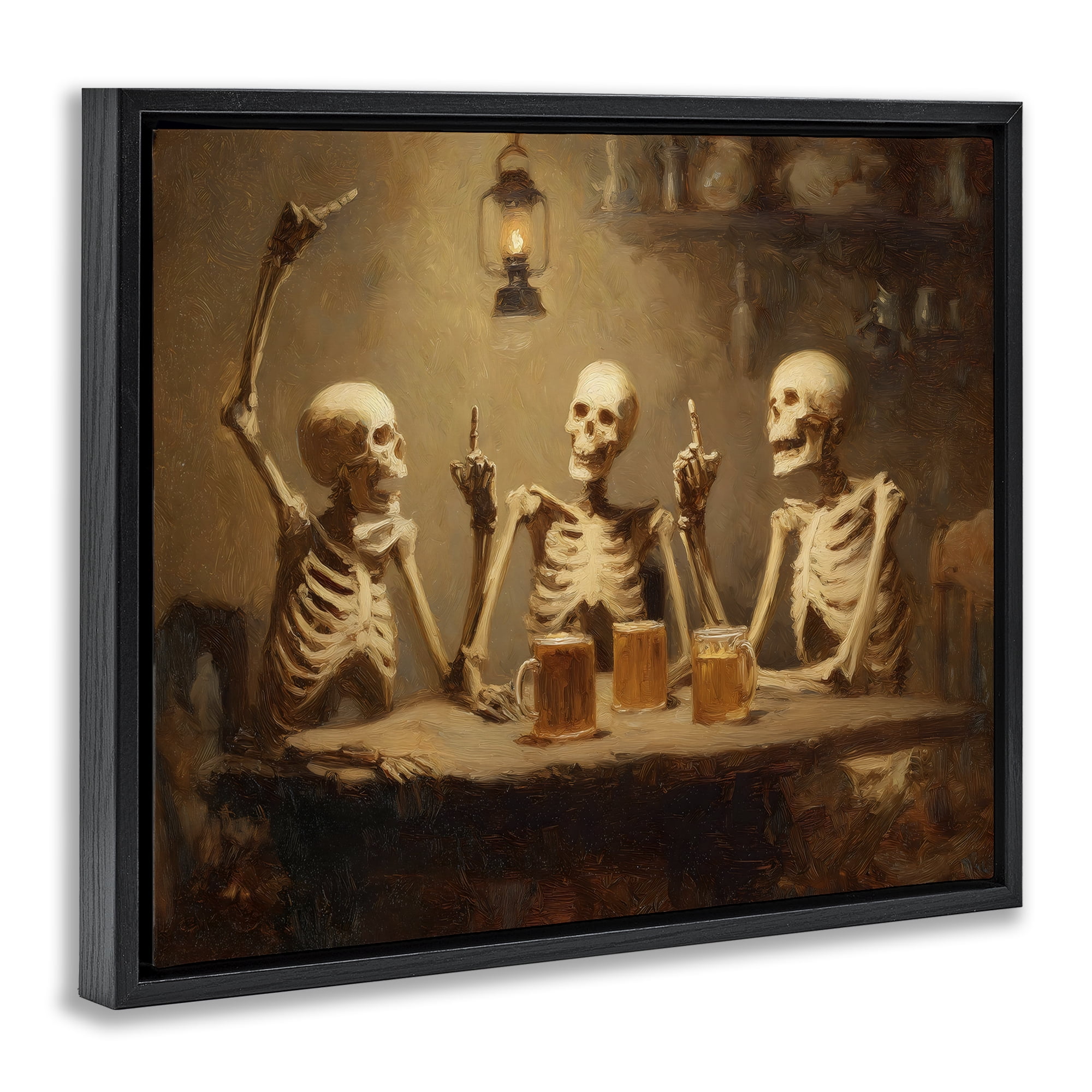 Skeletons Drinking at Tavern Black Framed Floater Canvas Wall Art, design by Arlington Prints