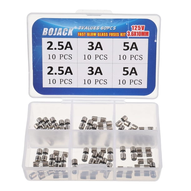 BOJACK Fusibles de luz navideña Kit surtido de fusibles de vidrio de fusión rápida Mini fusible de 3,6 x 10 mm 125 V 2,5 3 5 A Paquete de fusibles en una caja de plástico transparente