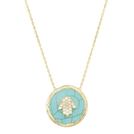 Large Hamsa Necklace - Simulated Turquoise and Cubic Zirconia Hamsa Necklace in Yellow Gold over Sterling Silver