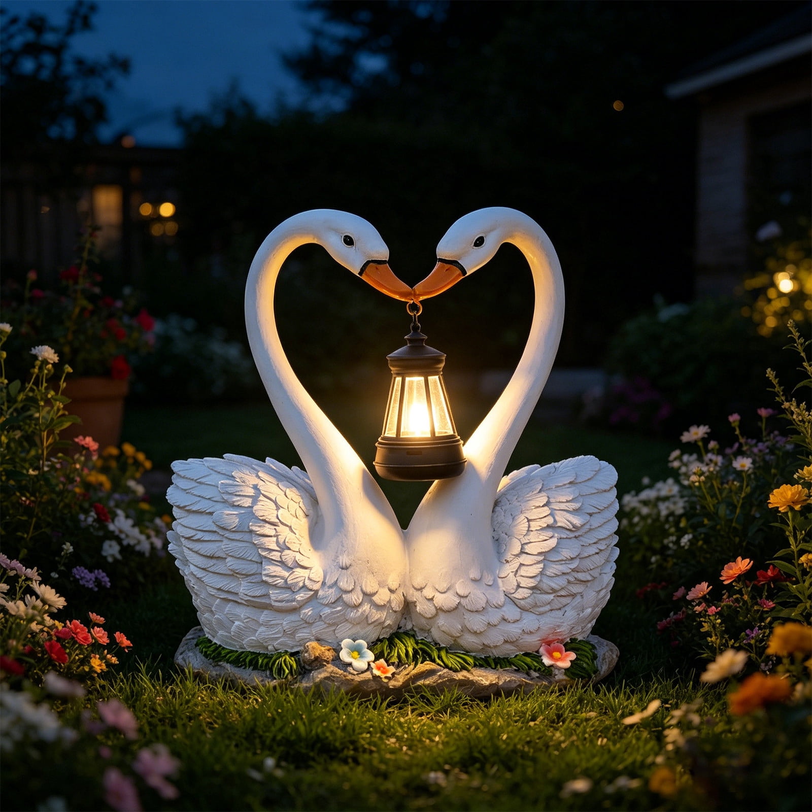 Resin Swan Couple Garden Statue with Solar LED Lantern Waterproof Outdoor Love Heart Sculpture Romantic Yard Art Night Light