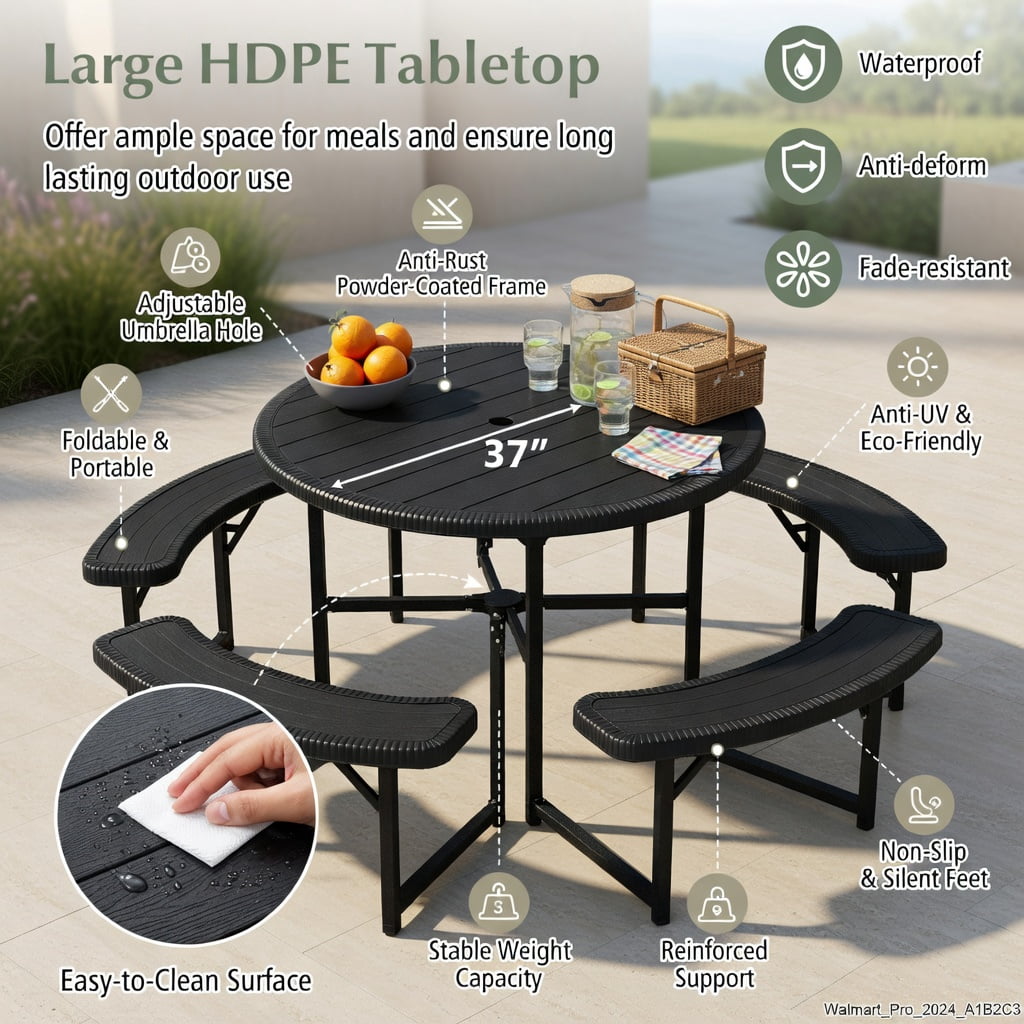 Hommoo Round Outdoor Picnic Table Set with 4 Benches & Umbrella Hole, Heavy-Duty Metal Frame, Weatherproof HDPE Top, Black