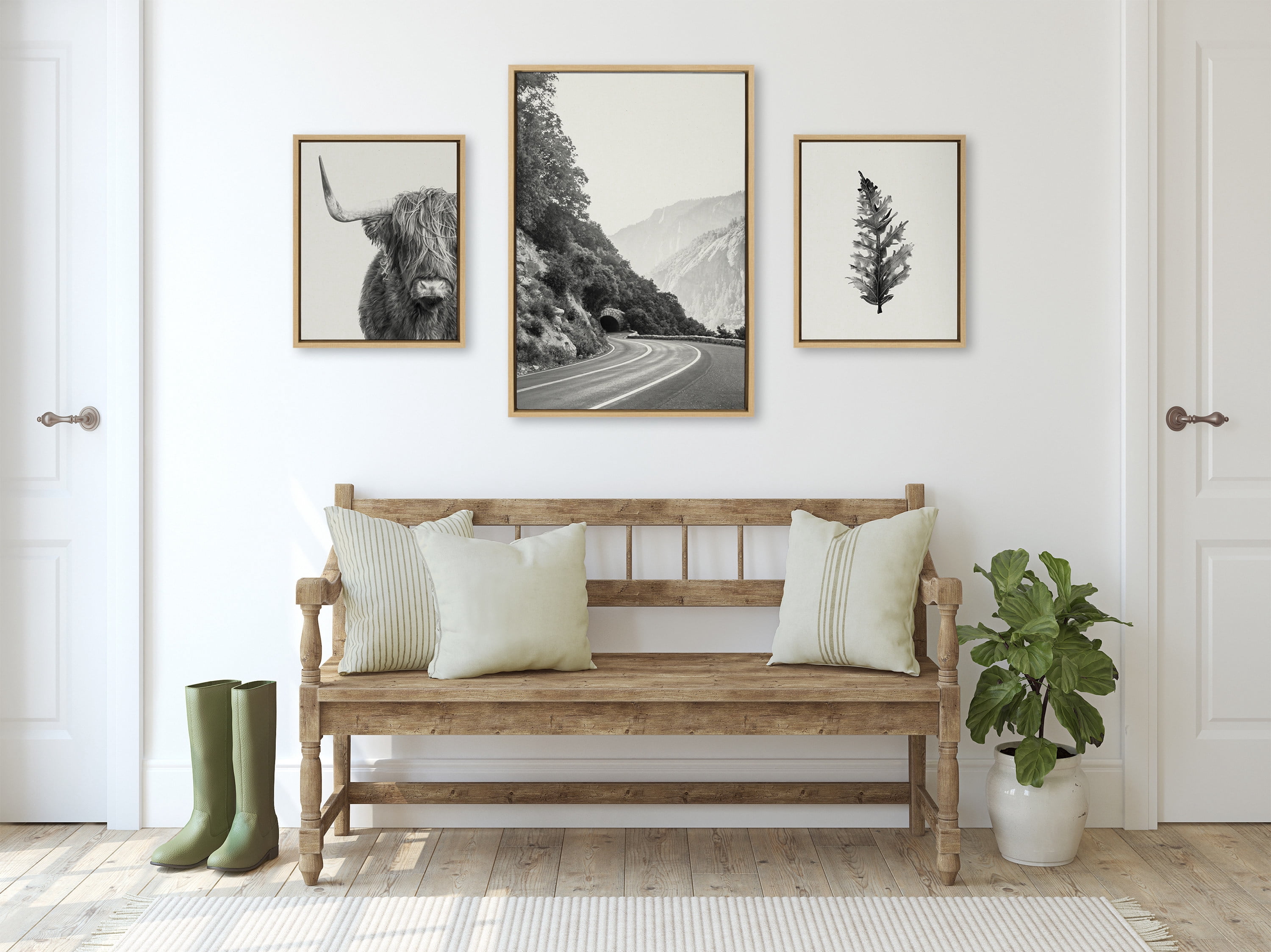 Sylvie Highland Cow, Wandering and Vintage Botanical 23 in x 33 in Framed Photography Canvas Art Prints, by Kate and Laurel Set of 3