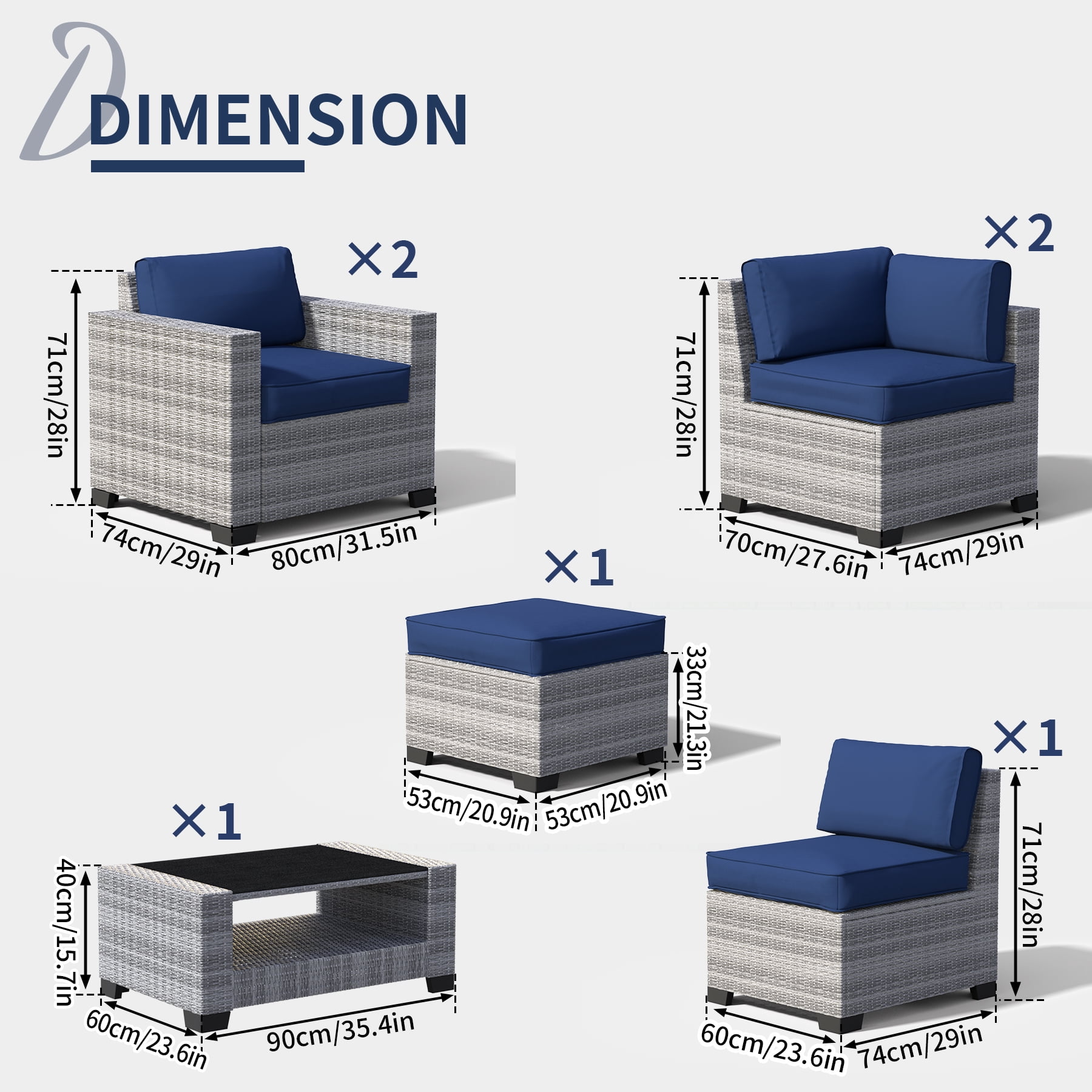 7-Piece Outdoor Patio Furniture Set, All-Weather Rattan Sectional Sofa with Waterproof Cushions & Tempered Glass Table, Perfect for Garden, Poolside, Backyard (Navy Blue)