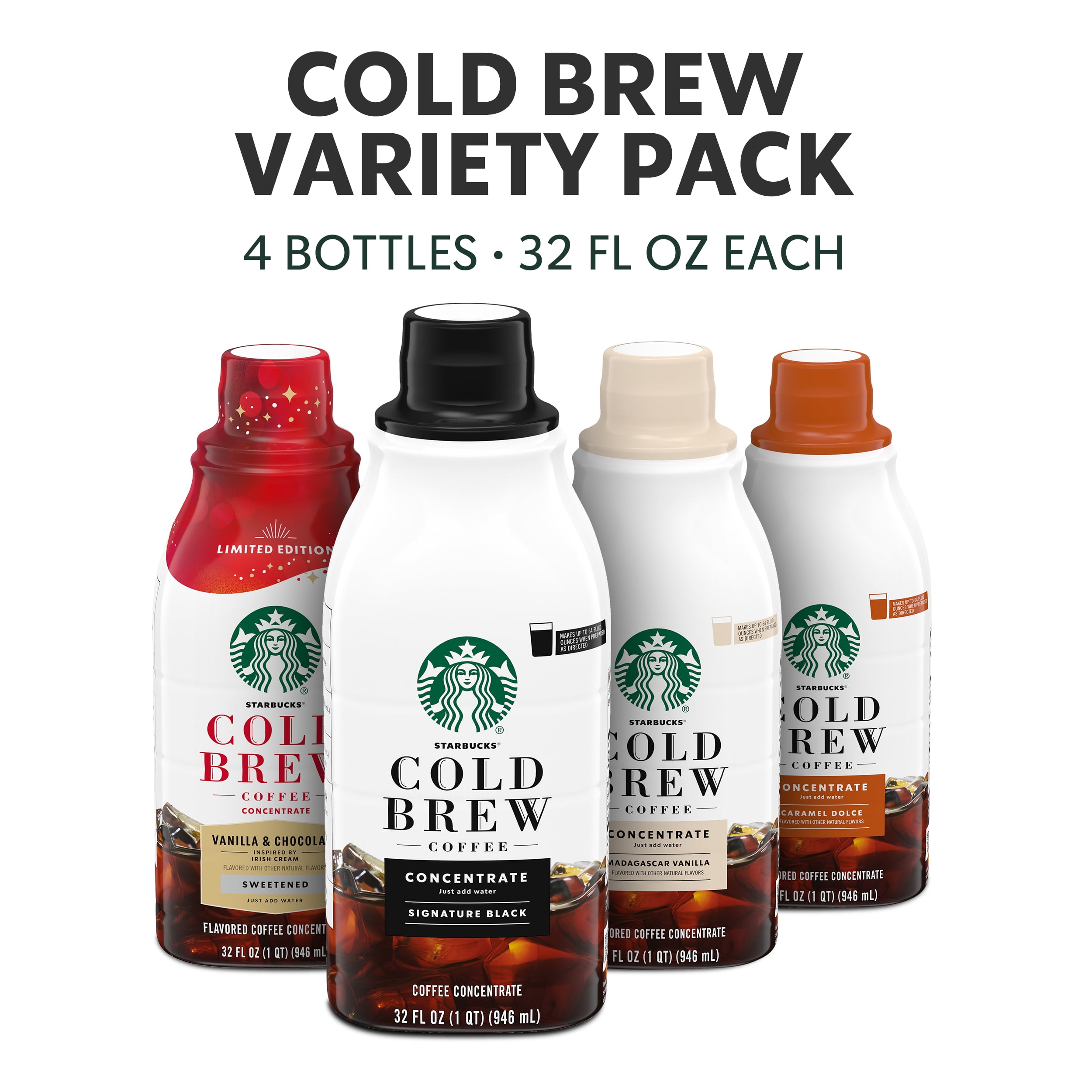 Starbucks Cold Brew Coffee Concentrate Variety Pack, 4 Multi-Serve Bottles, 128 fl oz