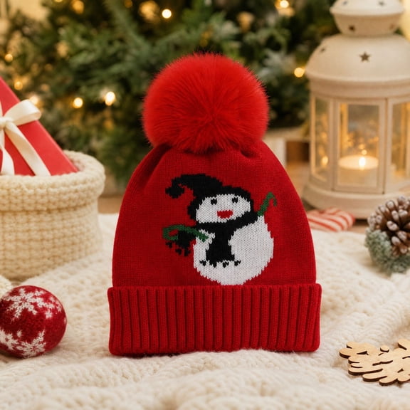 Lumtrix Cute Snowman Christmas Beanie For Kids - Festive Cozy Warm Knit Winter Hat With Fluffy Pompom Red