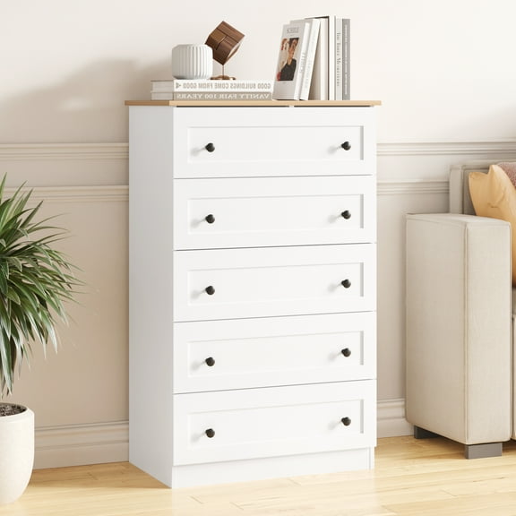 5 Drawers Dresser, Modern 45" Tall Chest of Drawers, Farmhouse Drawer Dresser Organizer with Large Storage for Bedroom, Living Room, Hallway, Entryway, White
