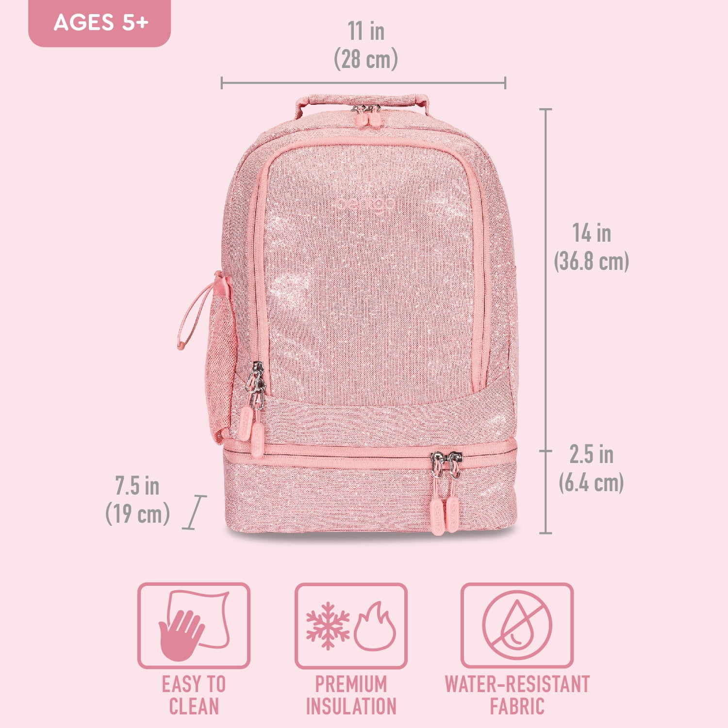 Bentgo® Kids 2-in-1 Backpack & Insulated Lunch Bag - Glitter Designed 16” Backpack for School & Travel - Durable, Water Resistant, Padded, & Large Compartments (Glitter Edition - Petal Pink)