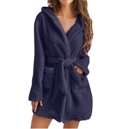 

Jmntiy Women Soft Solid Color Long Sleeve V-Neck Winter Sashes Pokets Fleece Faux Velvet Sleepwear Dress Nightgowns Clearance