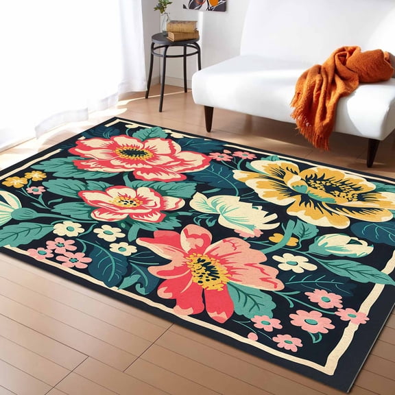 Area Rugs 5x7 Ft Rustic Blue Watercolor Flower Design Line Texture Non-Slip Washable Rug Indoor Rug Floor Mats Non Shedding Carpet for Living Room Bedroom Dining Room Home Decor