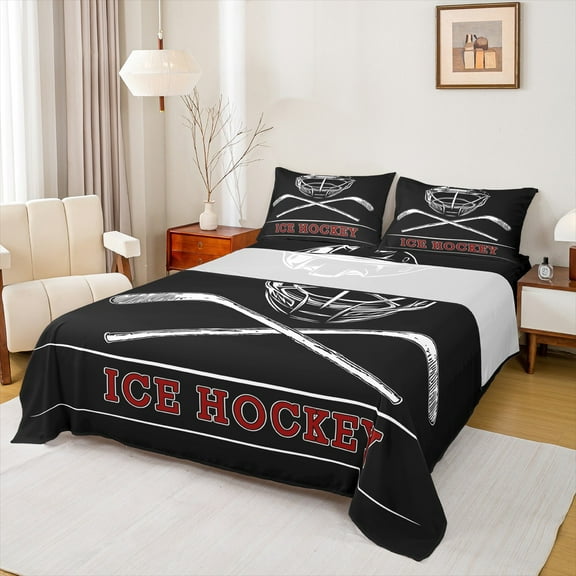 Manfei Ice Hockey Twin Sheet Sets,Kids Game Gaming Twin Fitted Sheet,Hockey Helmet Flat Sheet For Teens,Breathable Bedroom Decoration,3pcs