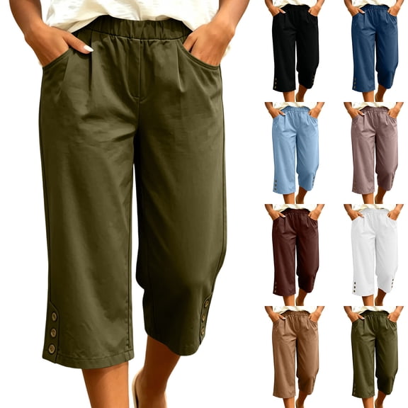 Oksale Capri Pants for Women Loose Cozy Straight Leg Capris with Pockets Lightweight Soft Elastic Waist Summer Cropped Trousers Navy M