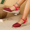 thumbnail image 3 of Womens Espadrilles Woven Closed Toe Wedge Sandals Classic Summer Cork Wedges Heels with Ankle Strap Thick Sole Dressy Beach Shoes Red Size 6.5, 3 of 8