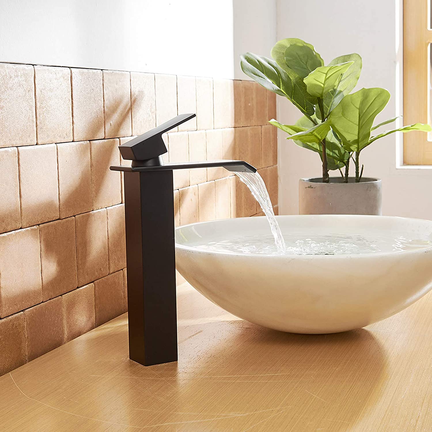 BWE Vessel Sink Faucet with Drain Assembly Without Overflow and Supply Hose Lead-Free Lavatory Waterfall Black Bathroom Faucet Single Handle One Hole Mixer Tap Tall Body Matte - image 3 of 9