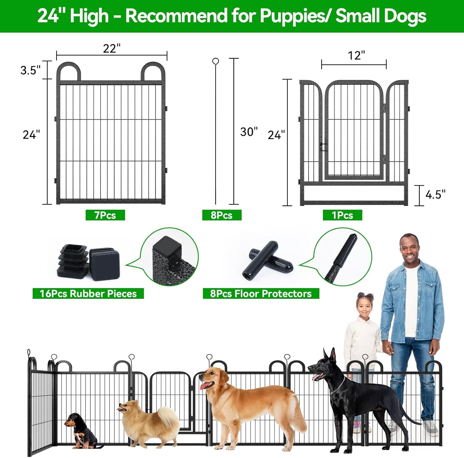 Puppy Playpen 6 Panels Small Dog Fence Outdoor Indoor Use 24" Height Anti-Rust with Doors Portable Dog Play Pen for RV Camping Yard, Total 11FT, 10 Sq.ft, Snowy Black